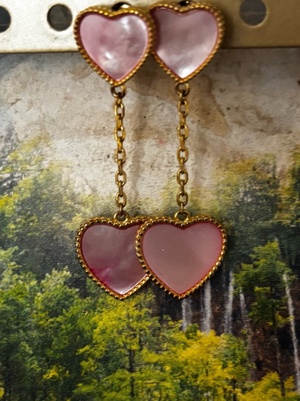 Gold Pink Heart Dangle Earrings - Women Jewelry